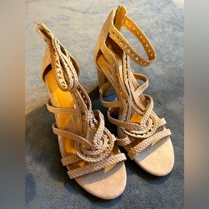 NEW! Faux Suede Braided Taupe Heeled Sandals